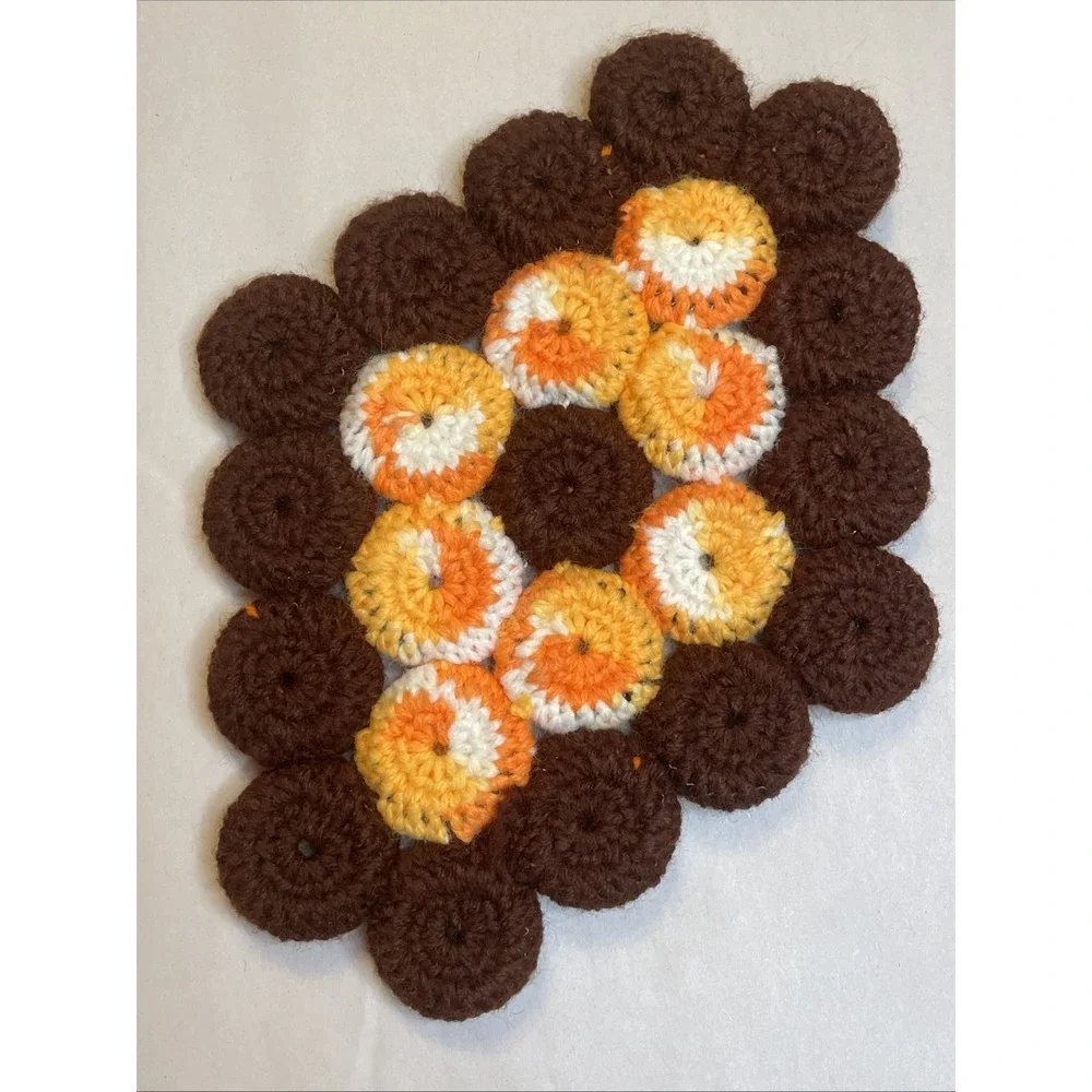 Vintage Crochet Hot Pad Trivet | Orange Brown Circles‎ with Xs | Cottage Grandma